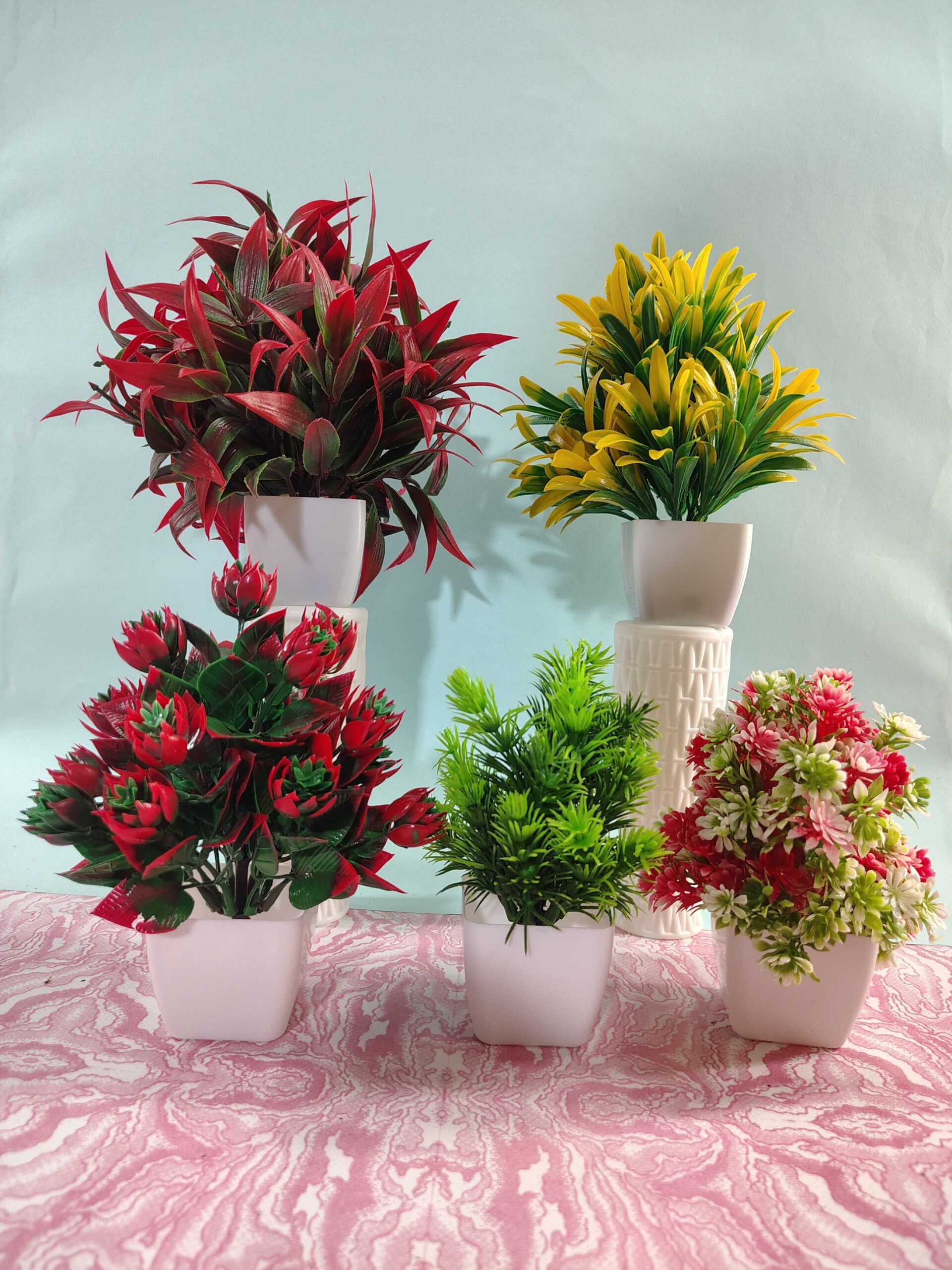 Premium Artificial Plants with White Pot – Set of 5 Decorative Potted Plants for Home & Office Decor