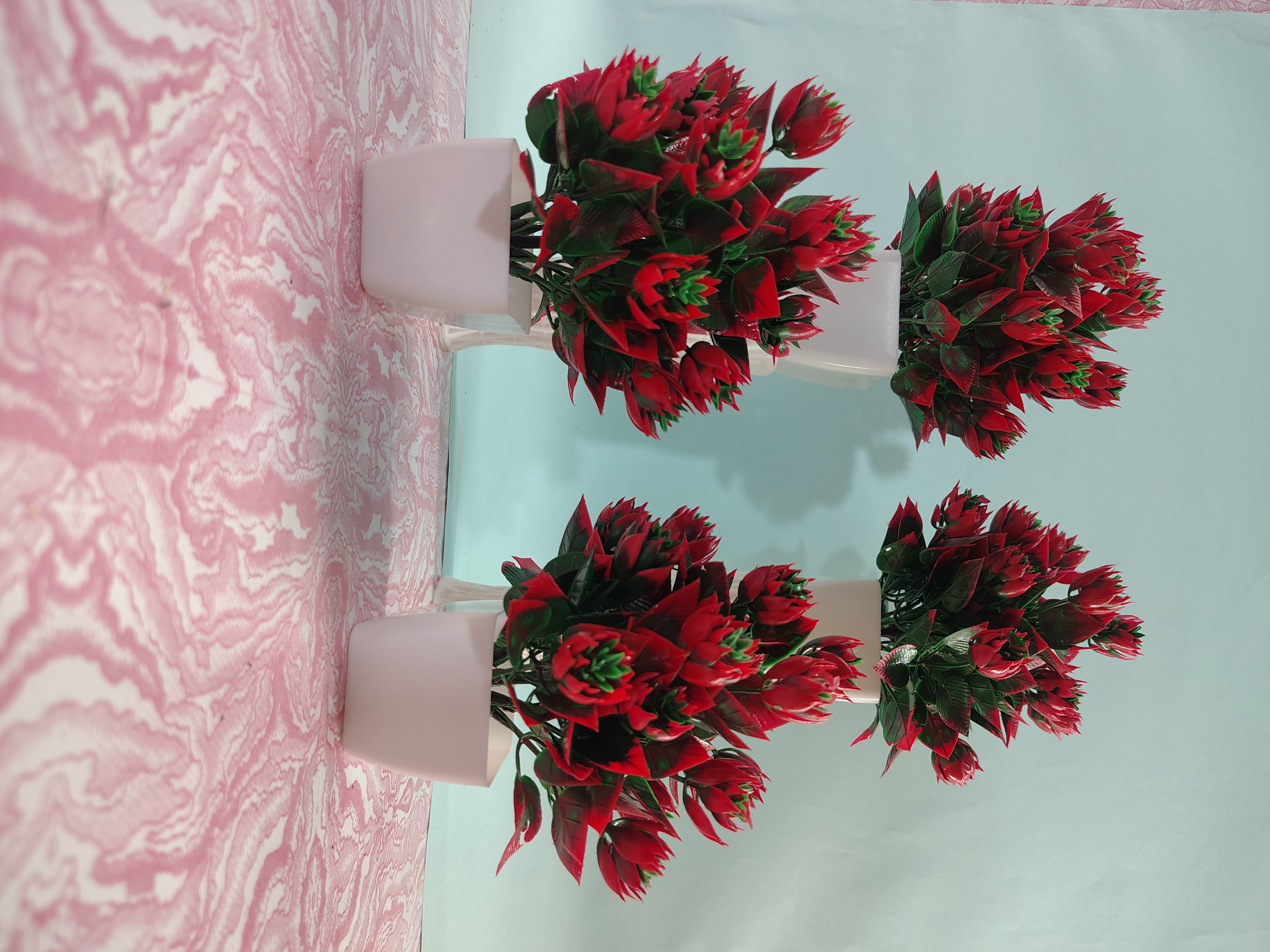 Elegant Red Blossom Artificial Plant Set – Lifelike Home & Office Décor (Pack of 4, with White Pots)