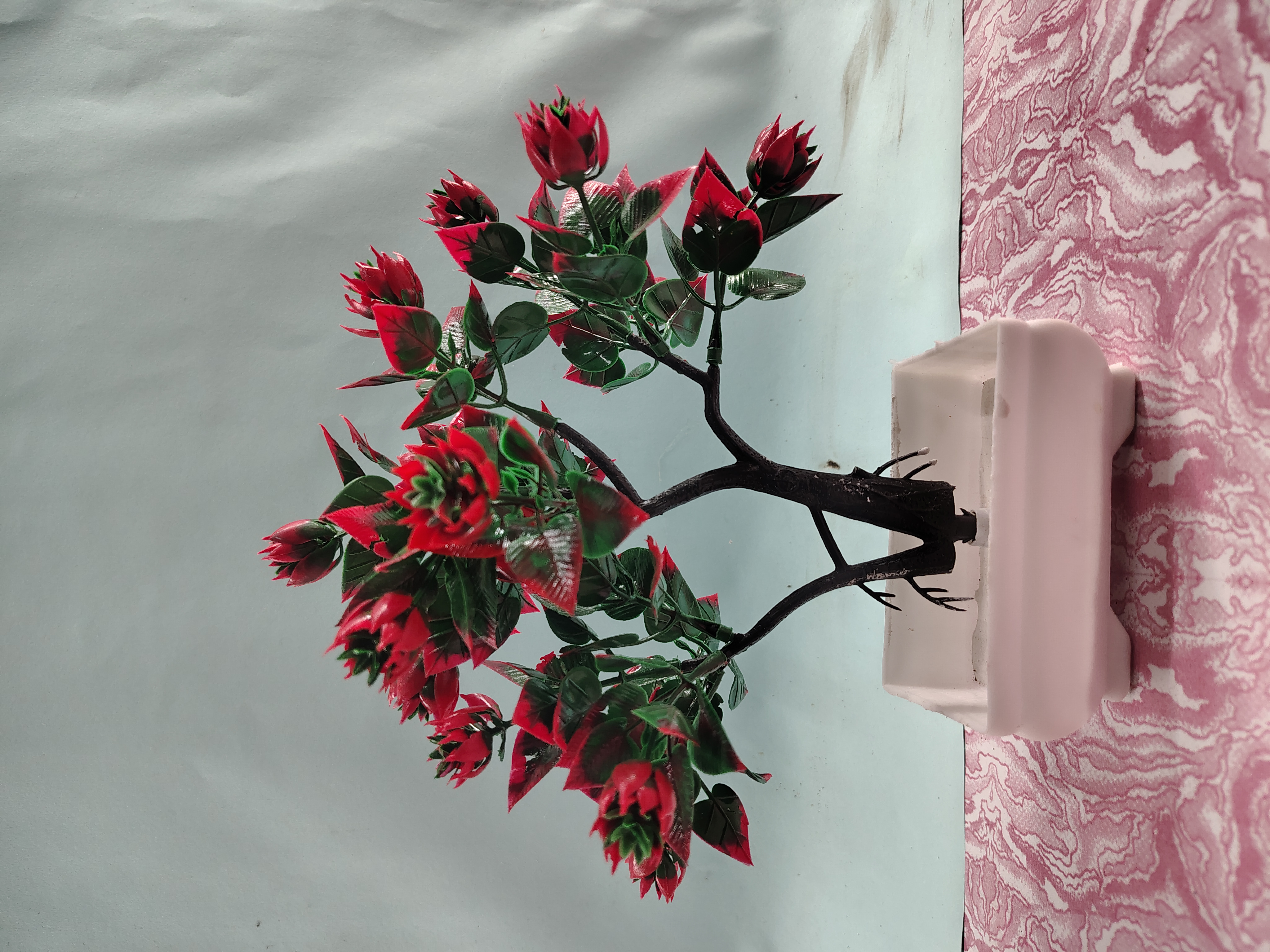 Elegant Red Blossom Artificial Plant with White Plastic Pot – Home & Office Decor